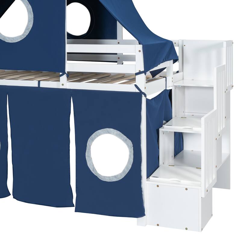 Blue Twin Loft Bed with Tent, Tower, and Playhouse Design for Kids