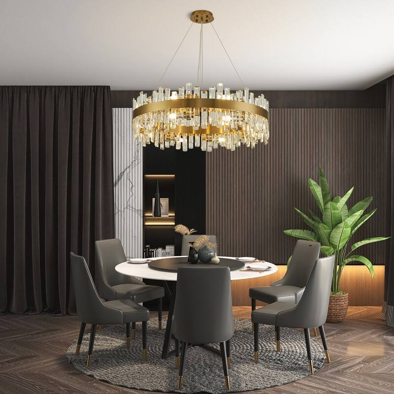 32 in. 2-Tier Modern Crystal Chandelier Brass Gold Round Crystal Raindrop Chandelier Contemporary Pendant Light for Dining Room
