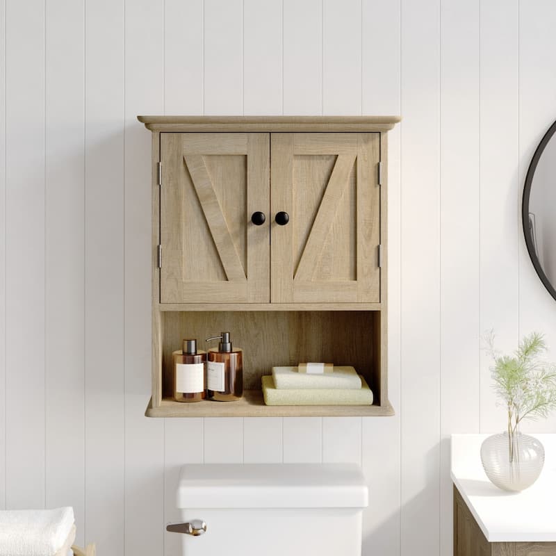 Farmhouse Wall Mount Medicine Cabinet with Adjustable Shelf and Dual Doors - Brown