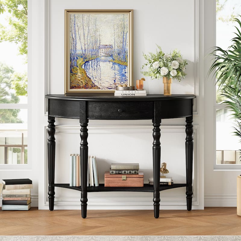 Black Console Table Accent Table with Drawer, Sofa Table Foyer Table Hallway Table with Bottom Shelf - Black