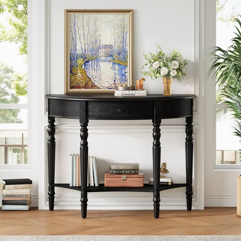 Farmhouse Half Moon Console Table with Drawer & Shelf - Sofa Table in Black