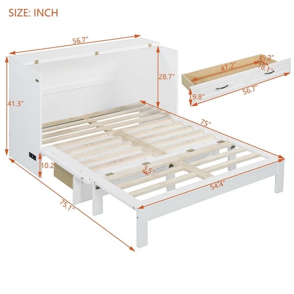 dimension image slide 0 of 7, Wood Murphy Bed with Large Drawer and Charging Station, Foldable Cabinet Wall Chest Bed with Rattan Finish, Wood Slats Support