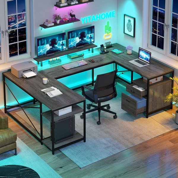 Moasis U-Shaped L-Shaped LED Computer Desk Reversible Corner Home ...