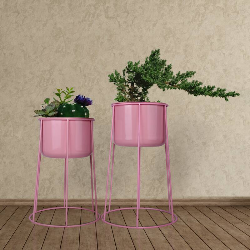 Set of 2 Decorative Contemporary Pink Metal Flower Planter