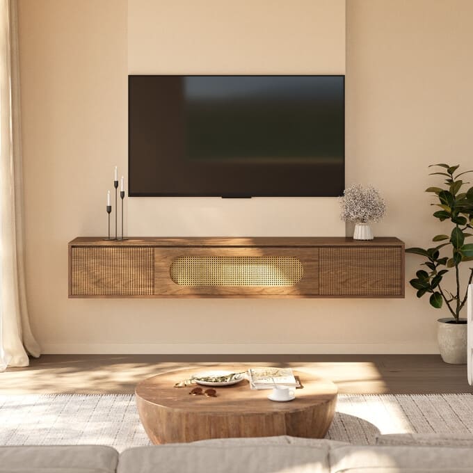 70.86-Inch Floating TV Stand, Wooden Wall Mounted Entertainment Center