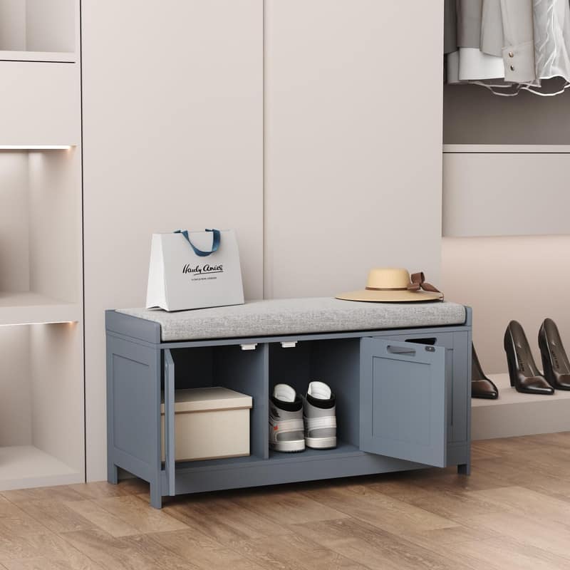 Wooden Shoe Bench with 3-Door Cabinets - 12.6"D x 35.3"W x 17.7"H