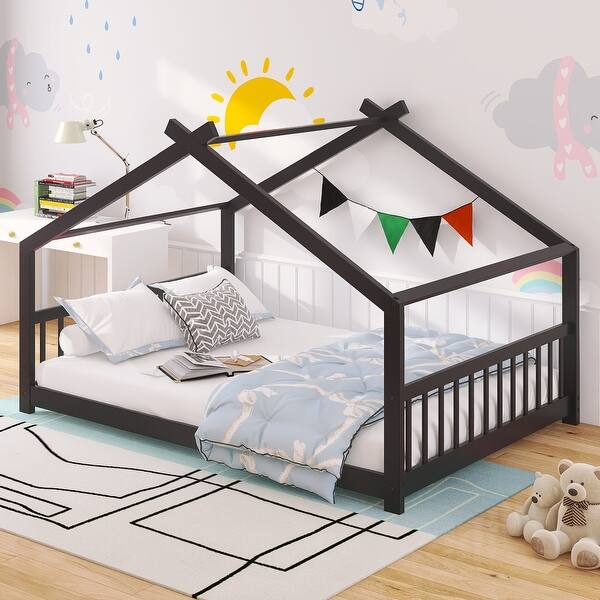 slide 2 of 28, Sturdy Pinewood House Bed with Roof, Playful Design & Semi-Enclosed Space for Kids Full - Black