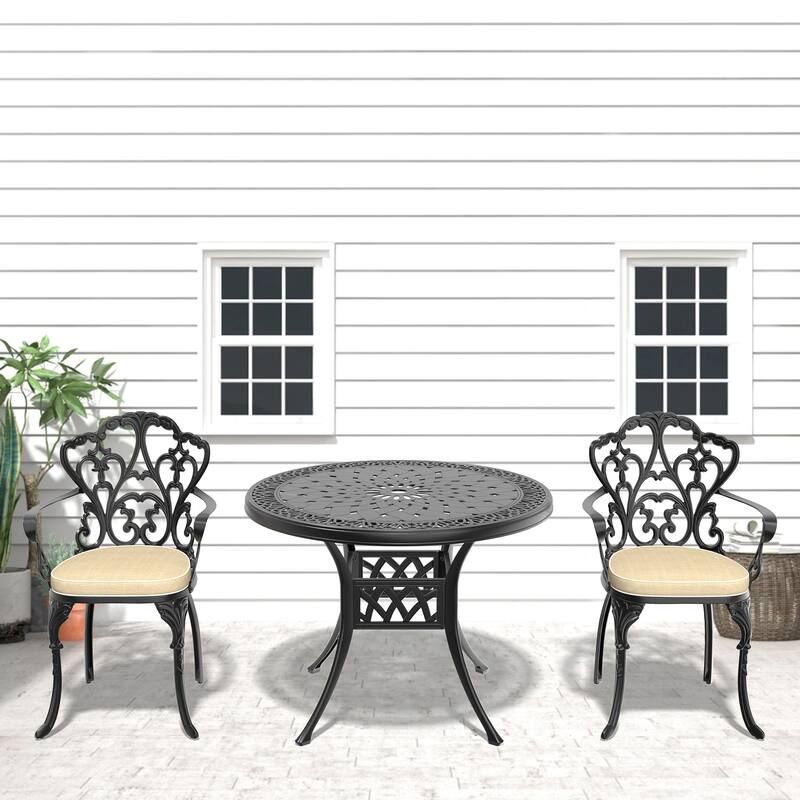 3/5-Piece Cast Aluminum Outdoor Dining Set with 35.43 in. Round Table and Random Color Cushions