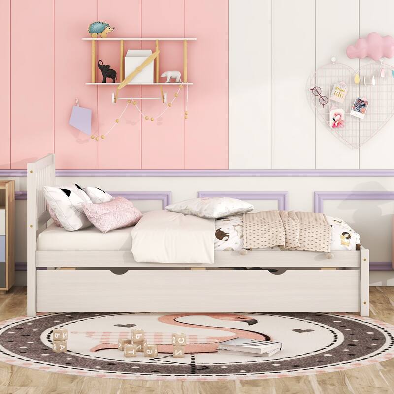 Twin Size Wooden Platform Bed Frame with Trundle Bed & Headboard