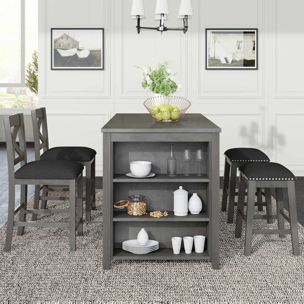 5 Pieces Rustic Counter Height Dining Table Set with Chairs and Stools