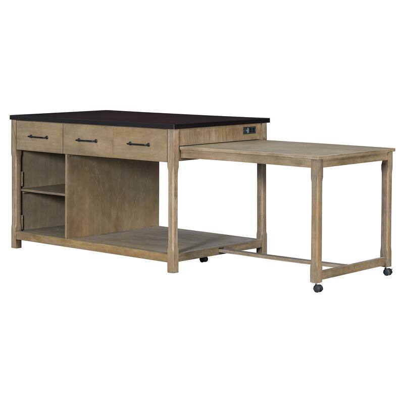 Extendable Kitchen Island with Storage, Retro Kitchen Island on Wheels