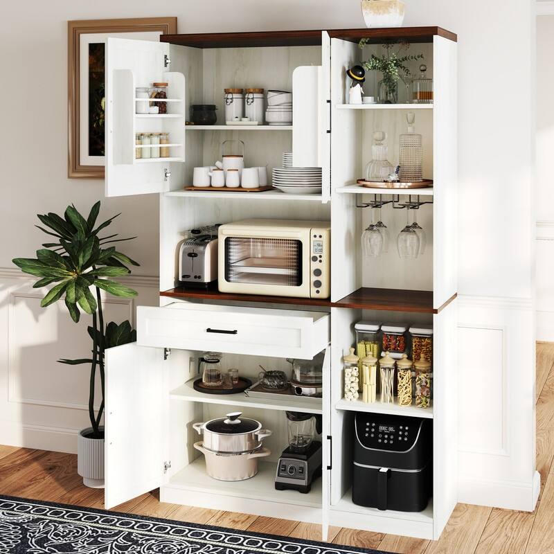 Multifunctional Kitchen Pantry Sideboard with Cabinet and Drawer, Glass Holder, Microwave Stand with Charging Station