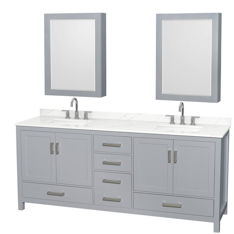 Sheffield 80-inch Double Vanity, 3 Hole Quartz Top, Med Cabinets - Gray, Chrome Trim, Giotto Quartz Top