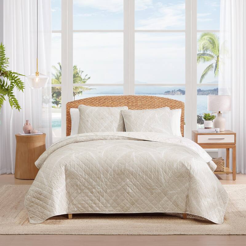 Tommy Bahama Pebble Palms Beige Cotton Reversible Quilt Set