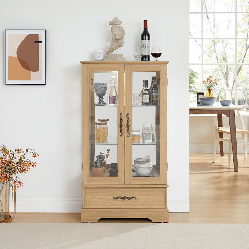 Roomfitters Retro Glass Cabinet Lighted Glass Cabinet Curio Display Cabinet with Adjustable Glass Shelves