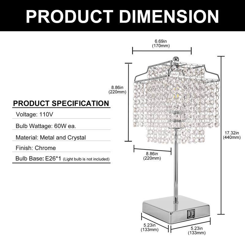 Glass Chrome Table Lamp Square Shape Dimmable Desk Lamp with No Bulbs Included for your bedroom living room - 17.32*8.86*5.92