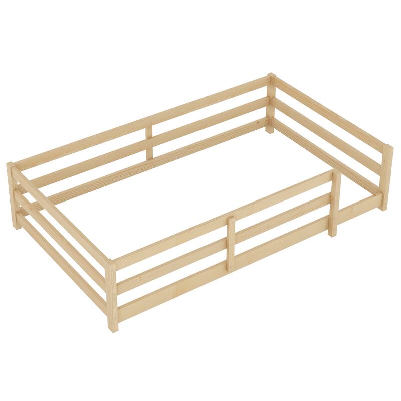 Twin Size Montessori Floor Bed with Safety Fence for Kids, Natural Pine Wood Frame