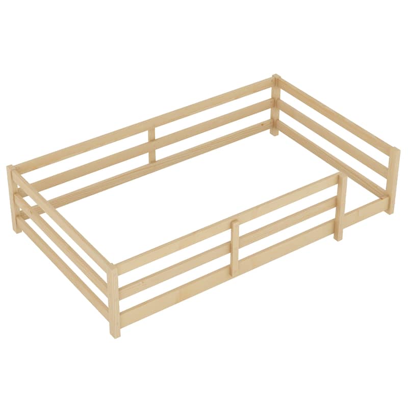 Twin Size Pine Wood Fenced Floor Panel Bed for Kids with No Box Spring Needed and Easy Assembly