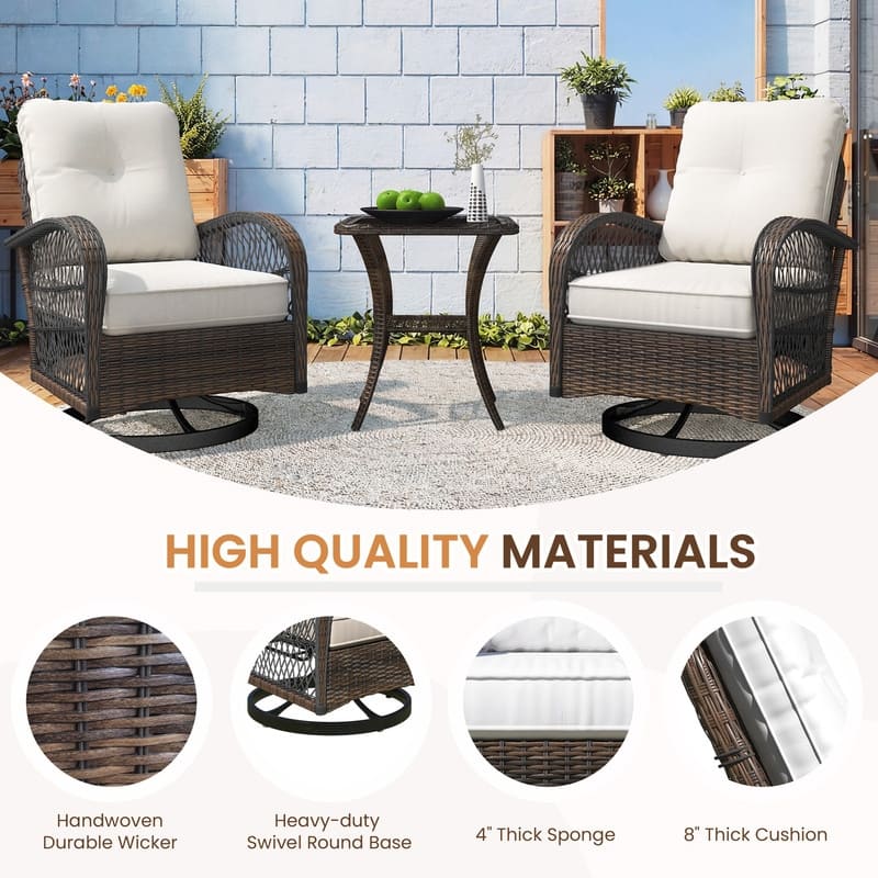 Outdoor Swivel Rocker Bistro Set - 3 Piece Wicker Patio Set with Swivel Rocking Chairs, Cushions, and Tempered Glass Side Table