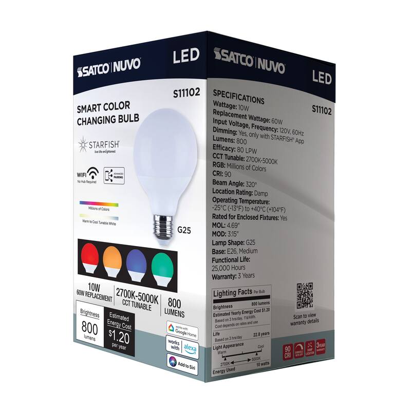 Starfish 10 Watt LED G25 2700K-5000K RGBTW Medium Base 120 Volt - White