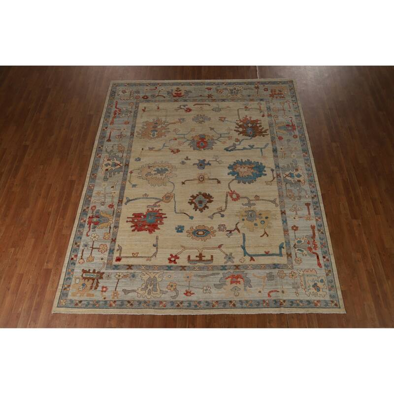 Hand Knotted Oriental 100% Wool Carpet Transitional All-Over Beige & Ivories Oushak Area Rug - 9' 11'' X 8' 2''