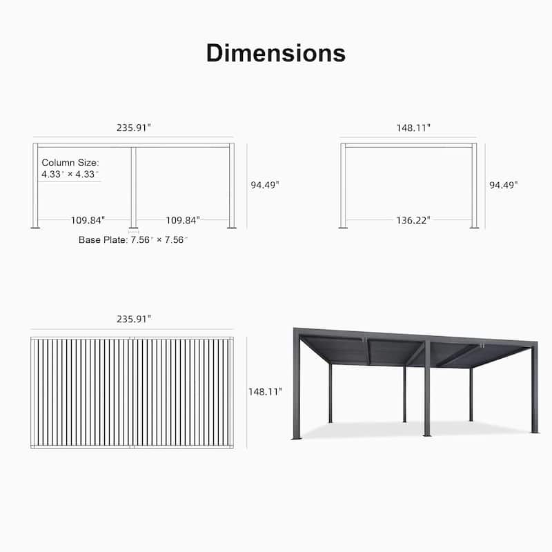 PURPLE LEAF Gray Louvered Pergola Outdoor Aluminum Pergola with Adjustable Roof for Patio Grey Hardtop Gazebo