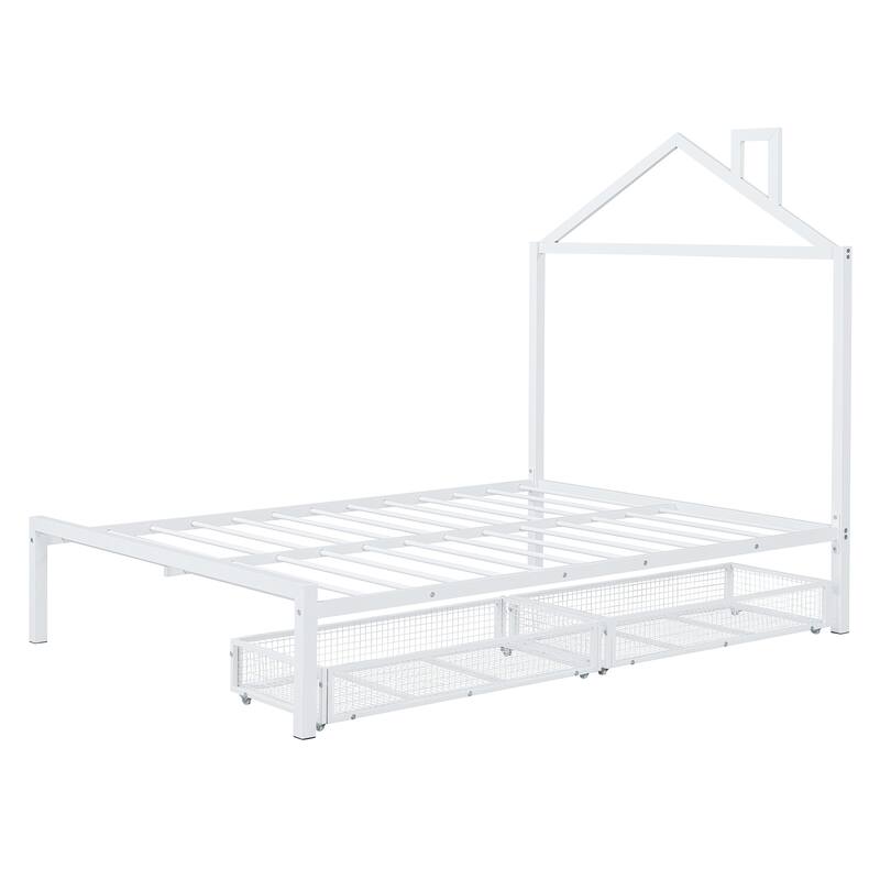 Full Size Metal Platform Bed with Two Drawers and House-Shaped Headboard