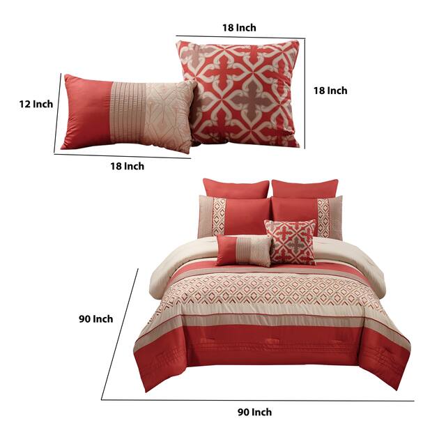 8 Piece Queen Polyester Comforter Set with Geometric Embroidery, Orange