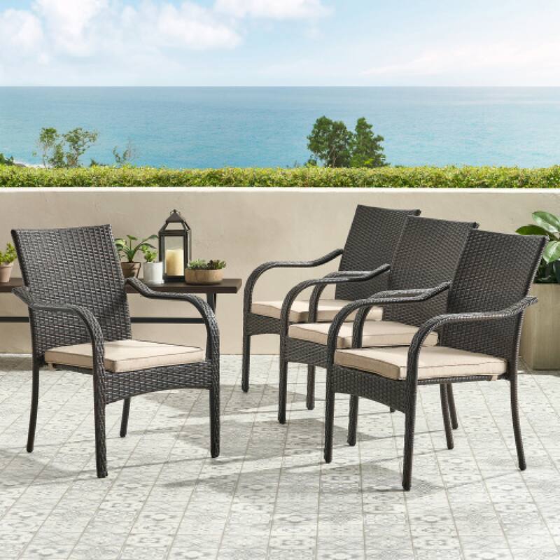 Roomfitters Outdoor Wicker Stacking Chairs with Water-Resistant Cushions, Set of 4, Brown - Brown