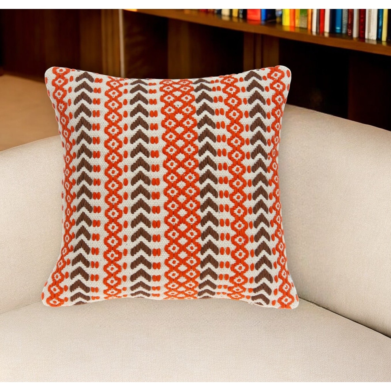 HomeRoots 20" Beige and Orange Striped Cotton Blend Throw Pillow