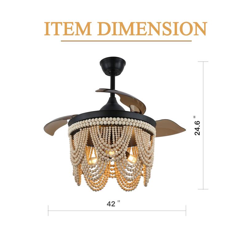 Cusp Barn 42" Retractable Ceiling Fan with Light, Farmhouse Wooden Bead Chandelier, Quiet DC Motor 6 Speeds Bohemian Ceiling Fan