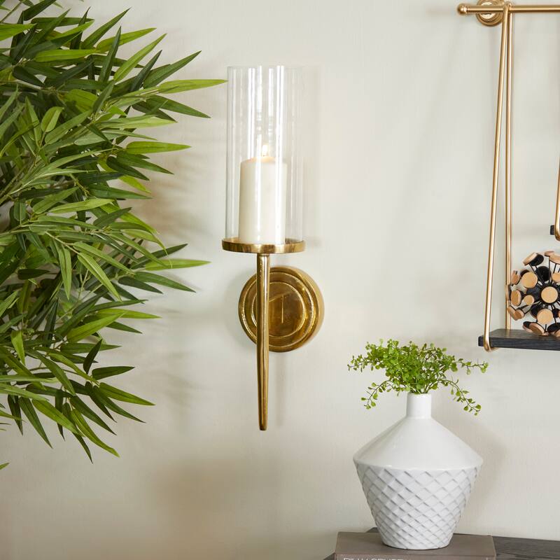 Aluminum Metal Single Candle Wall Sconce with Circle Backing - Silver, Gold, Black - Roche River Decor