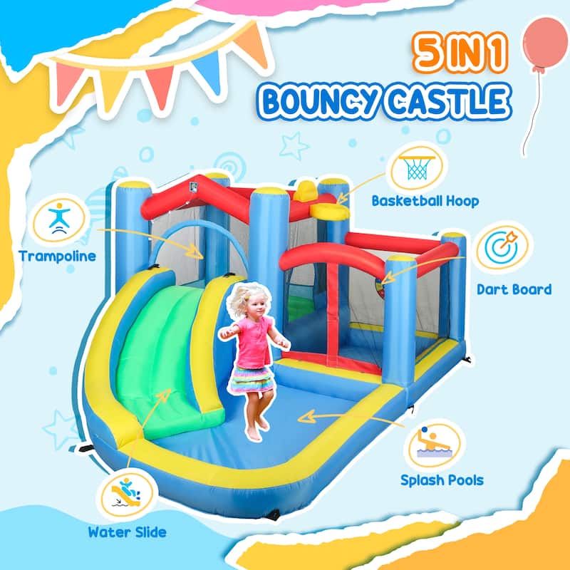 5 in 1 Inflatable Water Park for Kids with Slide Splash Pools Trampoline Basketball Hoop Durable Oxford Fabric