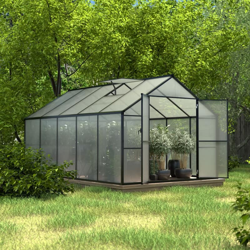 VEIKOUS Aluminum Walk-In Garden Greenhouse Kit with Adjustable Roof Vent and Lockable Door Grey - 8' × 10'