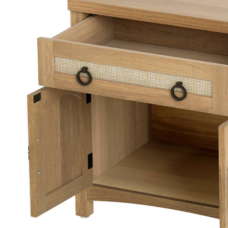 Moasis Farmhouse Side Table Rattan Nightstand with Power Outlets & 2-Door Cabinet and Drawer