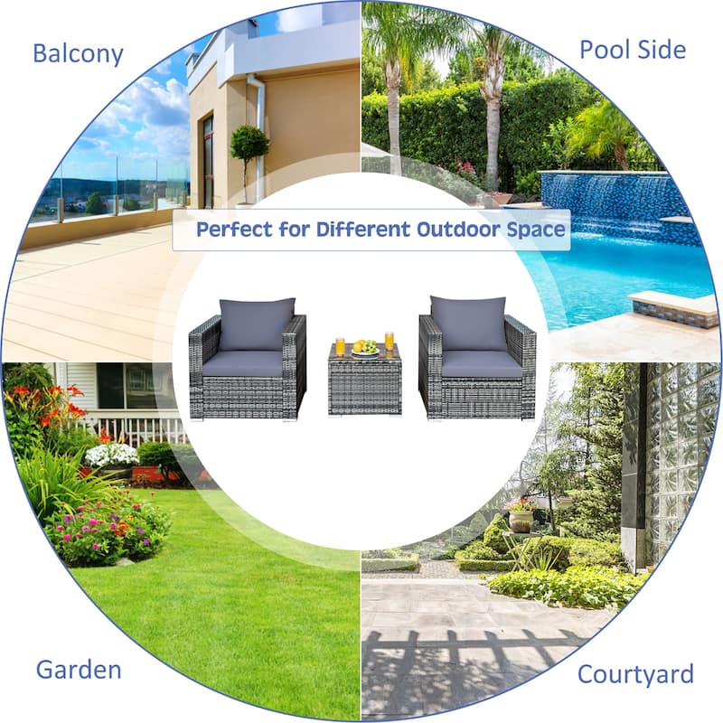 Costway 3 PCS Patio Rattan Furniture Bistro Set Cushioned Sofa Chair - See Details