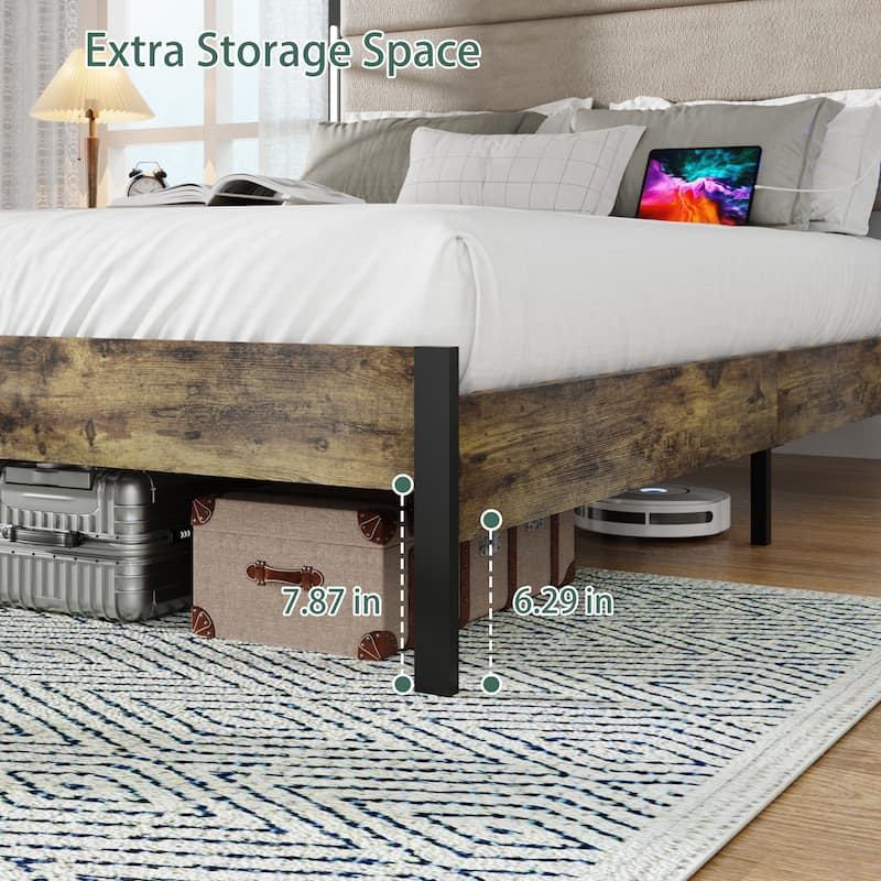 Queen Size Bed Frame with Charging Station and LED Lights