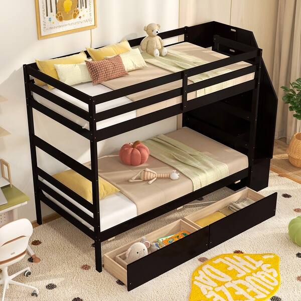 slide 2 of 31, Multi-Functional Twin Over Twin Bunk Bed with Stairs and Storage Drawers Coffee