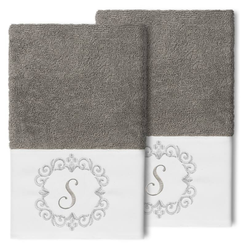 Authentic Hotel and Spa 100% Turkish Cotton Monica 2PC Embellished Hand Towel Set - S - Dark Gray