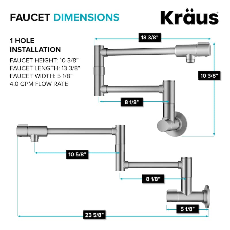 KRAUS Bolden 2 Handle Wall Mount Pot Filler Faucet w/ Retractable Arm