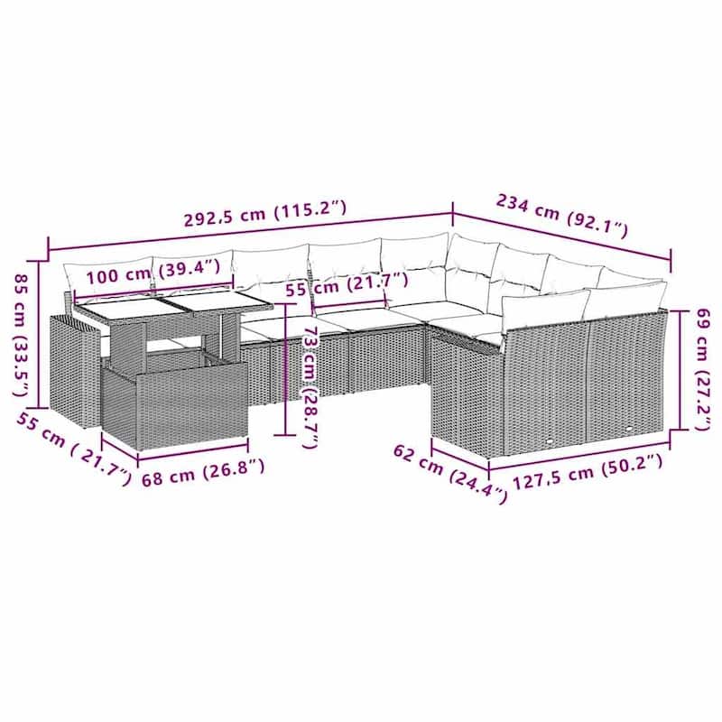 vidaXL Patio Sofa Set with Cushions Outdoor Furniture 10 Piece Poly Rattan - 24.4 x 24.4 x 27.2