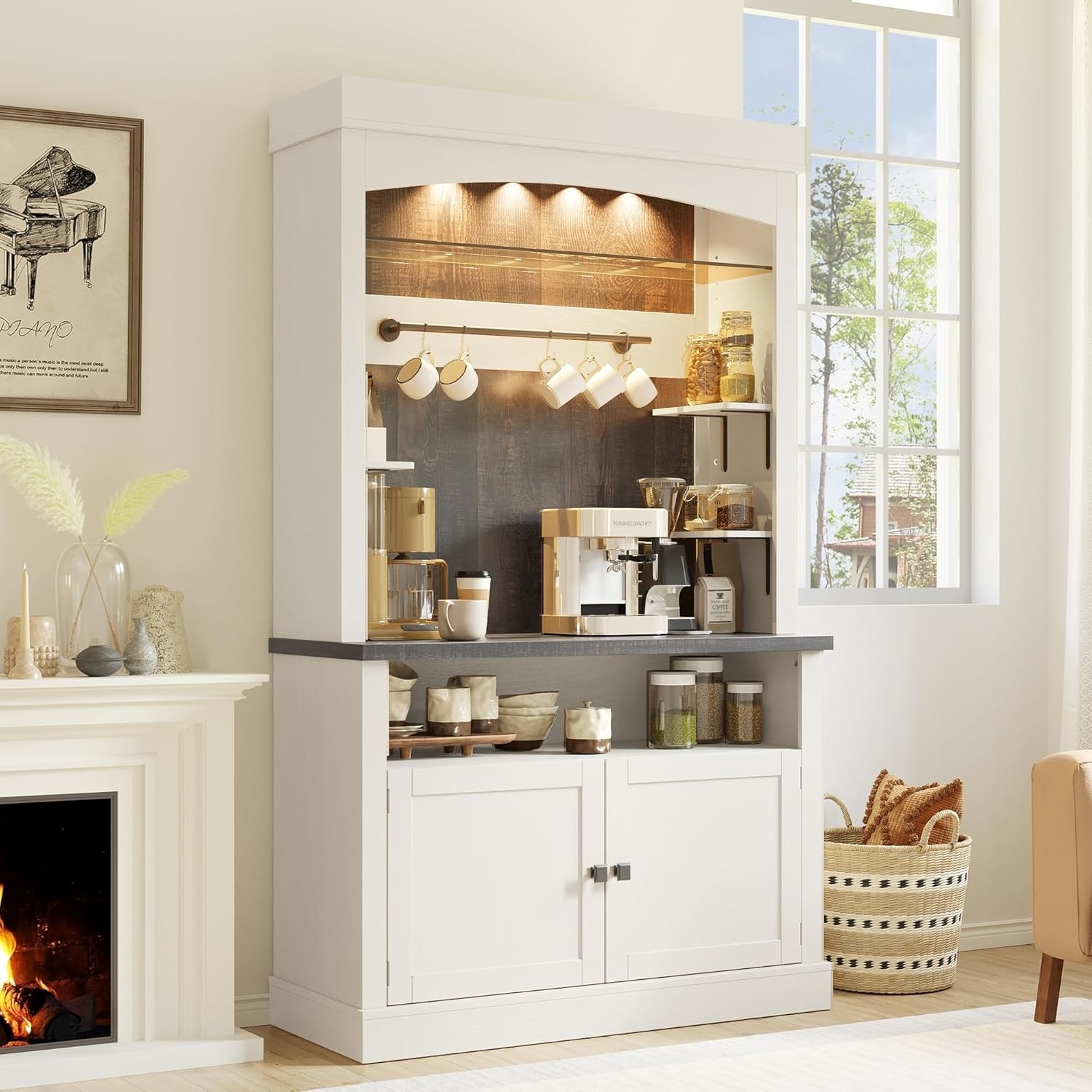 72 in Tall Kitchen Buffet Cabinets, Coffee Bar Cabinet with LED Lights, Sideboard with Stand/Wine Rack for Dining Room