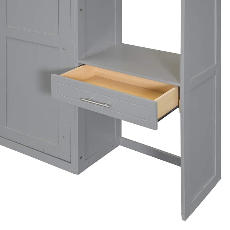 Queen Size Murphy Bed Hidden Cabinet with Desk and Drawer, Foldable Wood Wall Bed Frame with Top Cabinet & Storage Shelves
