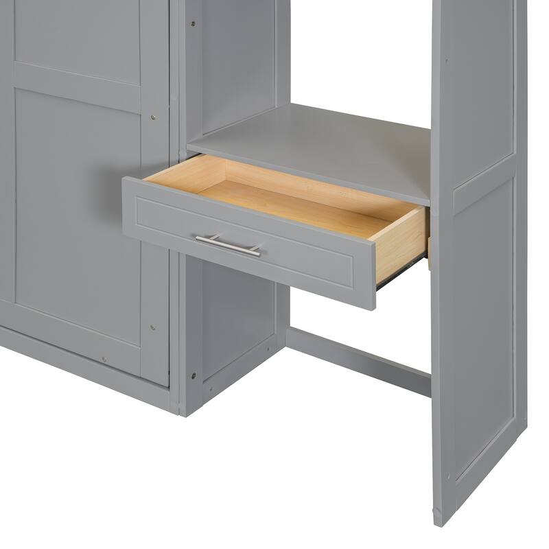 Queen Size White Wall Murphy Bed with Desk, Top Cabinet & Storage Shelves, Space Saving Foldable Bed