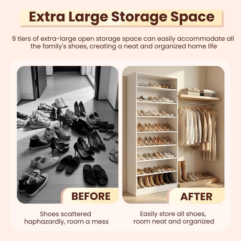 9-Tier Tall Wood Shoe Storage Cabinet with Adjustable Shelves for Entryway