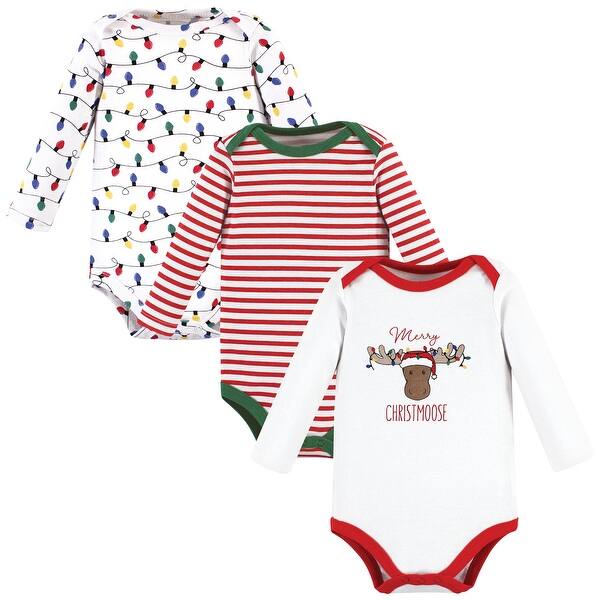 slide 1 of 1, Hudson Baby Cotton Long-Sleeve Bodysuits, White Christmoose 3-Pack 0-3 Months - White Christmoose 3-Pack