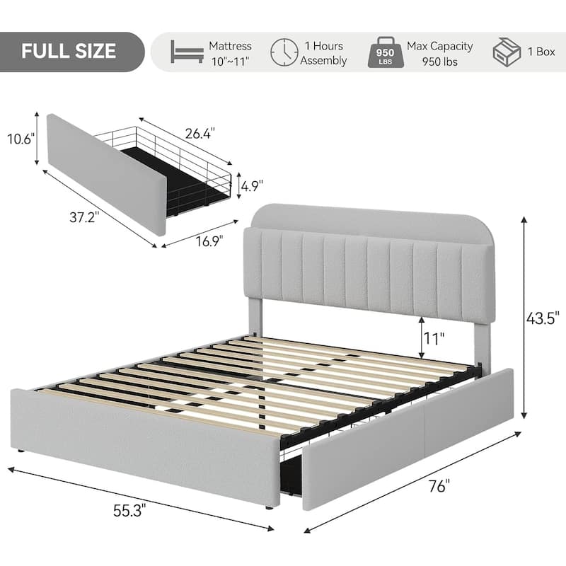 Bed Frame with 2 Drawers, Boucle Upholstered
