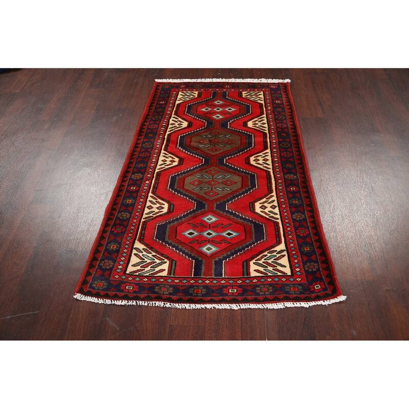 Geometric Hamedan Persian Wool Area Rug Handmade Bedroom Carpet - 3'2" x 4'11"