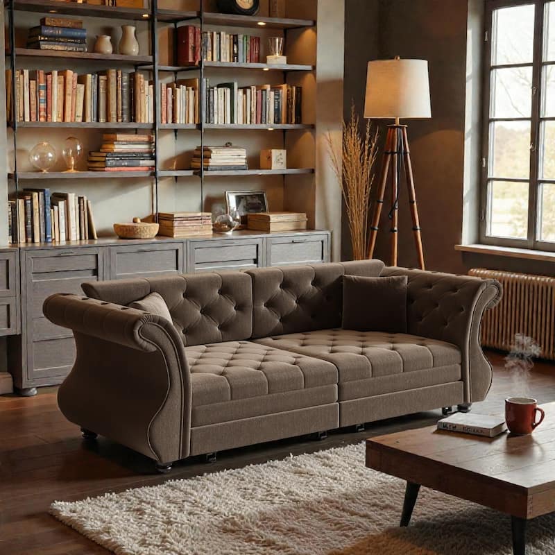 83.8 Inch Chesterfield Pull Out Sofa Bed, Velvet Roll Arm Couch with Flower Tufting, Convertible Sleeper - Brown