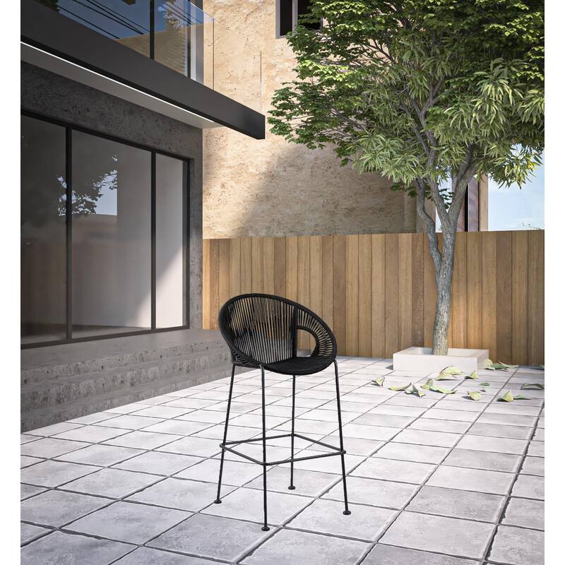 HomeRoots 40" Black Metal Low back Outdoor Counter Height Bar chair with Footrest - Black